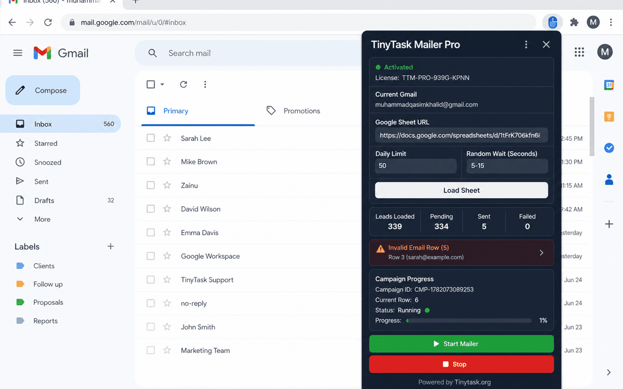 TinyTask Chrome Extension dashboard for Gmail automation